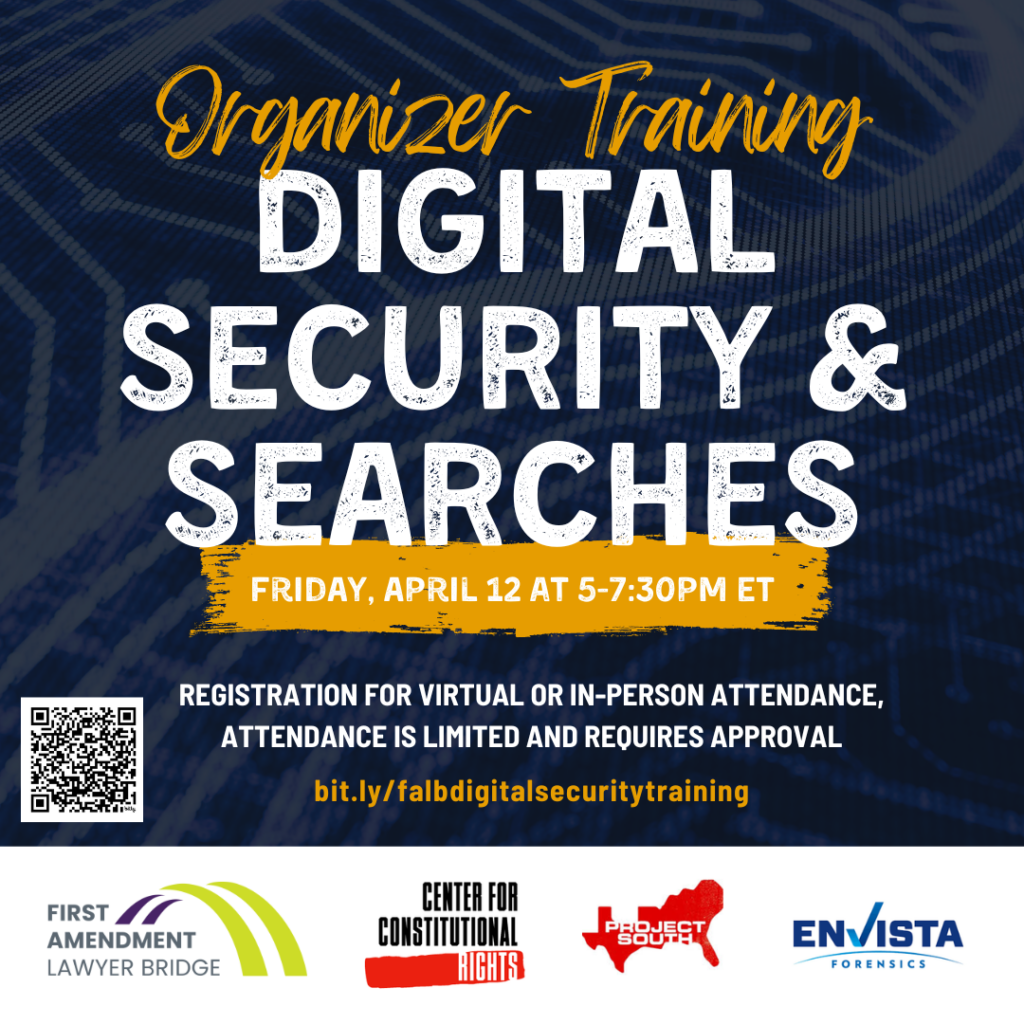 Organizer Training: Digital Security & Searches, Friday, April 12, 5 - 7:30 PM ET at The Ke'nekt Cooperative and virtually.
